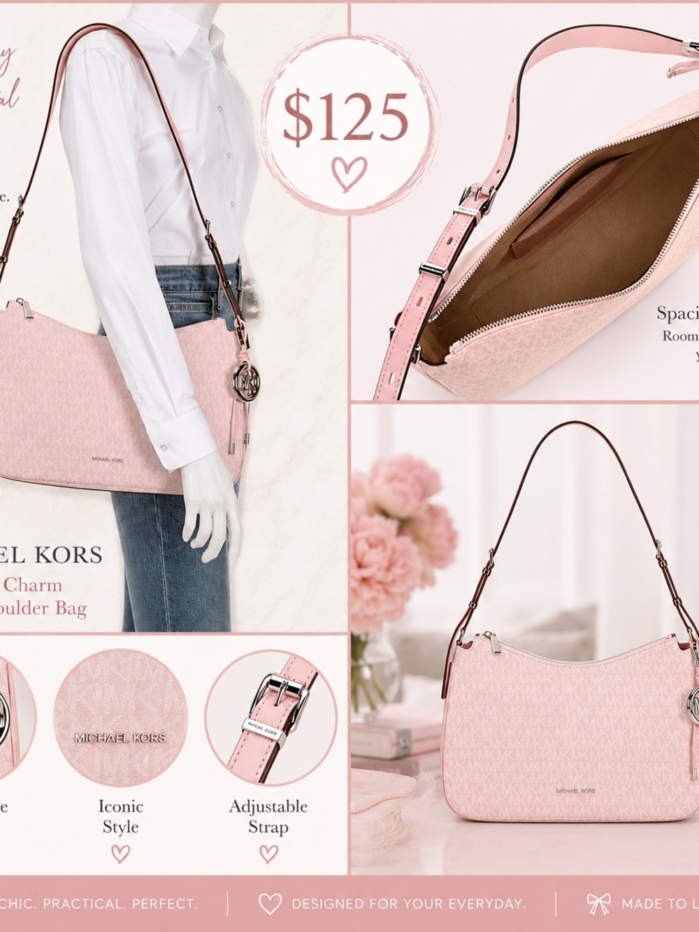 Michael Kors Light Pink Leather Shoulder Bag with MK Charm